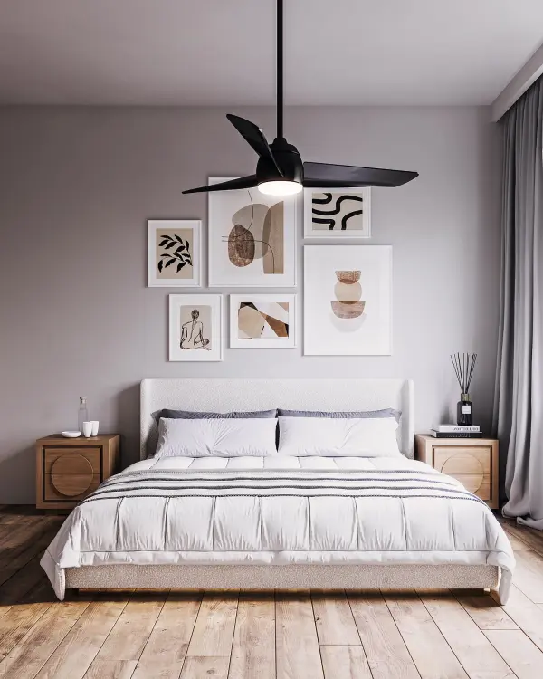 The Thalia combines modern design with smart technology, offering customizable finishes, six-speed control via Smart by Bond app or remote, integrated LED lighting with dimming, and year-round comfort with reverse function. - alternate view