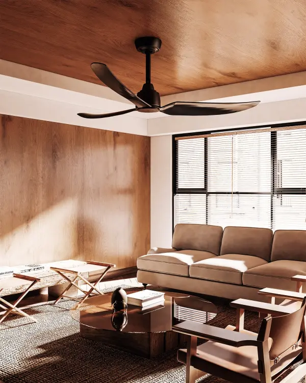 The Hugo combines modern elegance with smart technology in a 52-inch outdoor-rated design. Features brushed gold and matte black finish, six speeds, reversible operation, and Smart by Bond app control with included remote. - alternate view