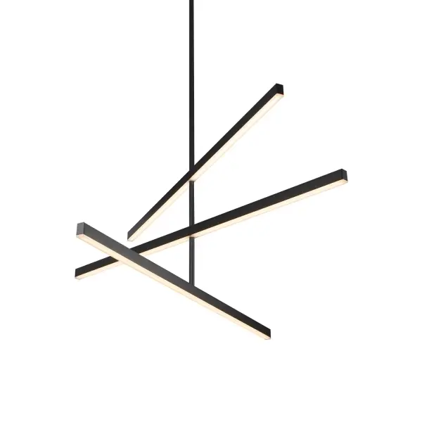 The Vega 45-inch chandelier features adjustable linear LED lights that can be configured at different heights and angles, creating a distinctive sculptural presence. Perfect for modern spaces seeking customizable lighting.