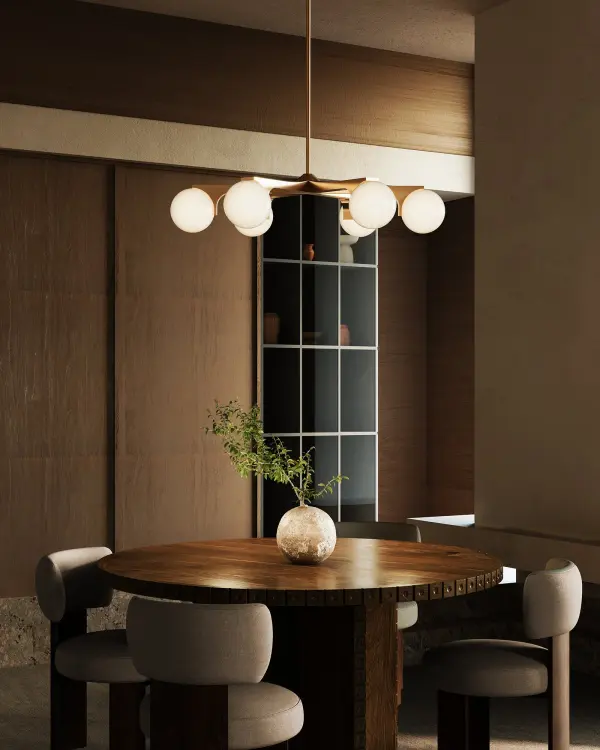 Mark Choi's Briar chandelier combines sculptural metal arms with soft opal glass diffusers for a refined statement piece. Its 37-inch span and clean geometric design bring sophisticated balance to modern and transitional spaces. - alternate view