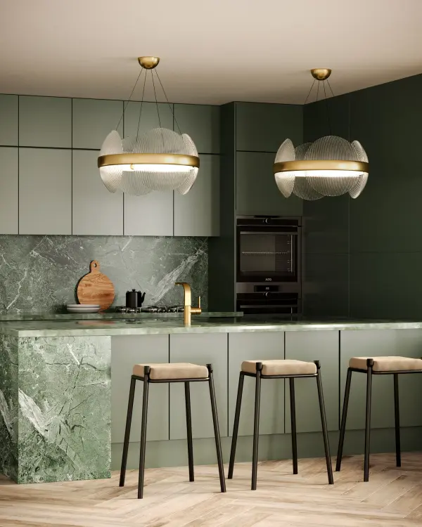 The Taurus chandelier showcases sophisticated ribbed glass pendants with minimal metal work, creating an Art Deco-inspired statement piece. Integrated LED with warm 3000K lighting provides both beauty and efficiency for transitional and contemporary interiors. - alternate view