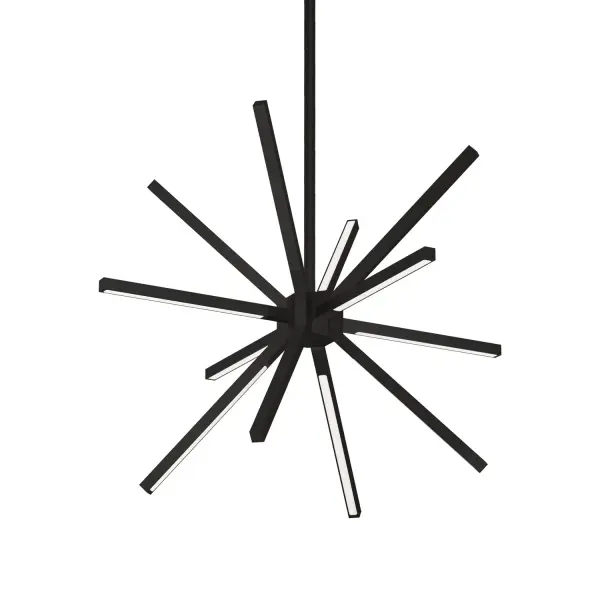 A plethora of thin linear lights converge at numerous angles into a central cluster. Simultaneously rectilinear and decorative the reduced scale from the initial SIRIUS provides an ideal accent to be used in multiples or as focal point. The fine diminutive components and airy structure merge in a lightweight elegant aesthetic. Collection: Sirius Minor Sub-Brand: KUZCO Finish: Black Glass: White Acrylic Diffuser Width: 20.25" Height: 15.00" Length: 20.25" Weight: 6.40 lb Rod: 46" (3x12" + 1x6" + 1x4") Canopy: D4.75" x H7.5" Maximum Wattage: 48.00 W Bulb Type: Built-In Bulb Base: Built-In Light Source: LED Light Output: 3640.00 lm Delivered Lumens: 2010.00 lm Color Temperature: 3000 K CRI: 90 Rated Average Life: 50,000 Voltage: 120.00 V Material: Aluminum + Acrylic Country of Origin: China Safety Listing: ETL Safety Rating: Dry LED Manufacturer Warranty: 5 Years Spec Sheet Instructions