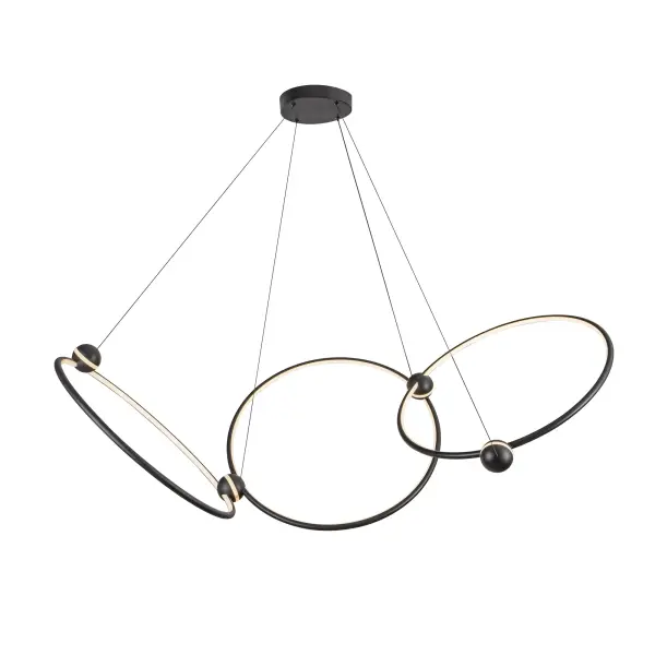 The Isho 3 Head Chandelier makes a bold architectural statement with its futuristic orbital ring design. Integrated LED technology provides energy-efficient illumination while the colliding rings create dramatic visual interest.