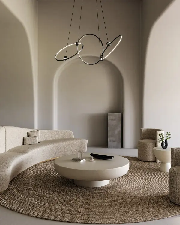 The Isho 3 Head Chandelier makes a bold architectural statement with its futuristic orbital ring design. Integrated LED technology provides energy-efficient illumination while the colliding rings create dramatic visual interest. - alternate view