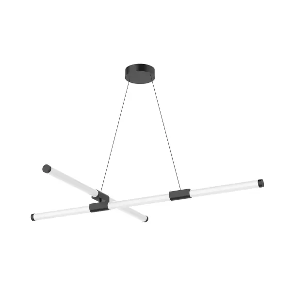 The Akari 48-inch chandelier delivers minimalist modern style with clean metallic bars of LED light. Its versatile black finish and contemporary form work across multiple room types, from dining rooms to foyers.