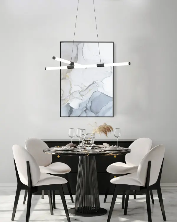 The Akari 48-inch chandelier delivers minimalist modern style with clean metallic bars of LED light. Its versatile black finish and contemporary form work across multiple room types, from dining rooms to foyers. - alternate view