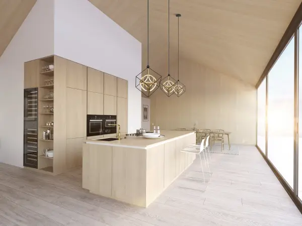 The Monza chandelier features interconnecting aluminum rings within a steel cube frame, creating a bold architectural statement. Integrated 3000K LED provides warm ambient lighting through opal diffusers with both up and down light distribution. - alternate view