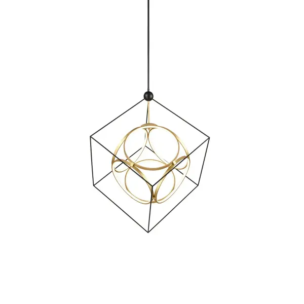 The Monza 34-inch chandelier features interconnecting aluminum rings within a steel cube frame, creating striking architectural interest. Dual-tone Black and Antique Brass finish adds sophisticated contrast while integrated 3000K LED provides warm, energy-efficient illumination.