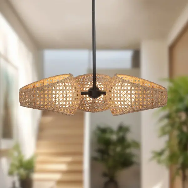 The Lanai 3 Head Chandelier brings Hawaiian-inspired relaxation to modern spaces with natural rattan shades and opal glass globes. Perfect for covered patios or indoor dining areas, it combines organic texture with integrated LED efficiency. - alternate view