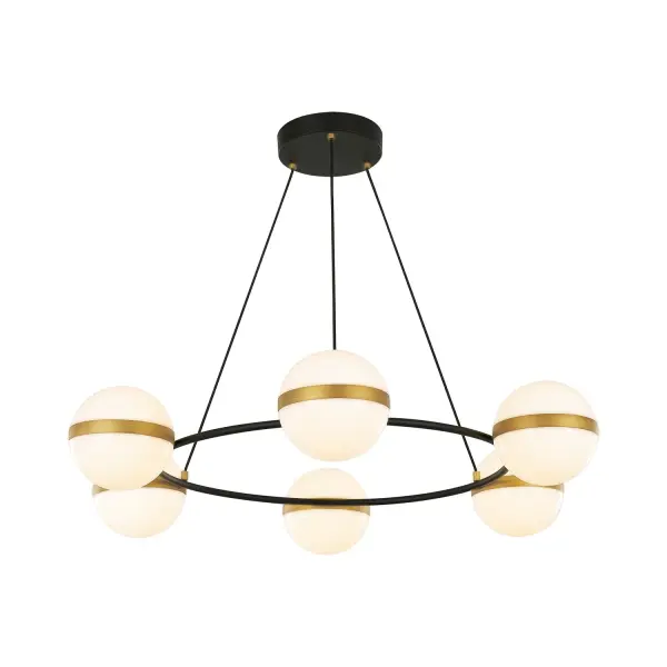 The Tagliato chandelier masterfully combines matte black frames with brushed gold accents for a striking transitional aesthetic. Featuring integrated LED opal globes with warm 3000K lighting, this 36-inch fixture delivers both style and energy efficiency for medium to large spaces.