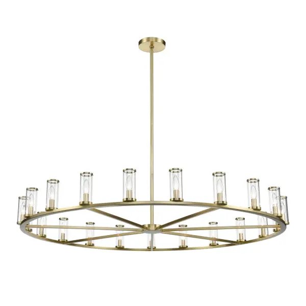 The Revolve 61-inch chandelier brings sophisticated drama to large spaces with its antique candle-holder design. Clear glass tubes with metal ring accents create a striking focal point that bridges traditional and contemporary aesthetics.