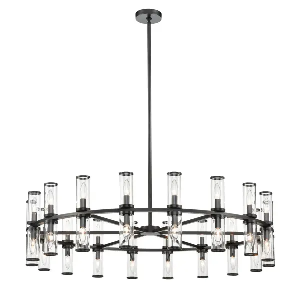The Revolve 48-inch chandelier combines vintage candle-holder elegance with modern sophistication. Clear glass tubes accented with metal rings create a striking focal point perfect for dining rooms and grand entryways.