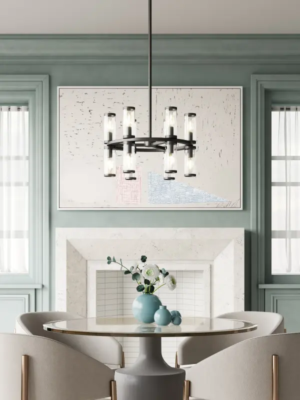 The Revolve chandelier combines antique-inspired elegance with transitional versatility. Clear glass tubes accented with metal rings create a sophisticated focal point perfect for dining rooms and entryways. - alternate view