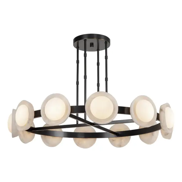 The Alonso 50-inch chandelier masterfully blends traditional elegance with modern sensibility through its unique combination of forged metal and carved alabaster. Each piece showcases natural stone variations, creating a one-of-a-kind lighting sculpture perfect for grand spaces.