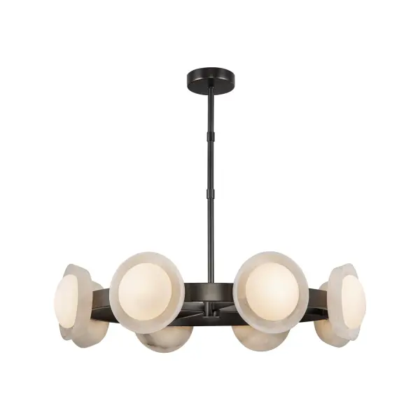 The Alonso chandelier masterfully blends traditional craftsmanship with modern sensibility through carved alabaster shades and forged vintage brass metalwork. Its 37-inch scale makes a bold statement while integrated LED technology provides energy-efficient illumination. - alternate view
