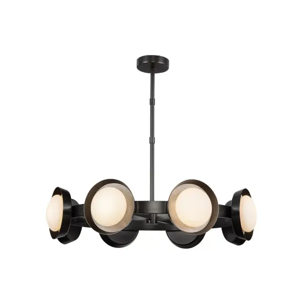 The Alonso chandelier masterfully combines natural alabaster with forged metal in Vintage Brass, creating a sophisticated transitional piece. Integrated LED technology provides warm illumination while the carved alabaster shades offer unique natural variations.