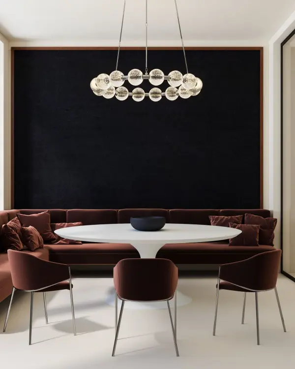 The Marni chandelier transforms spaces with meticulously cut spherical glass shades that create glittering beams of light. Its Natural Brass finish and integrated 3000K LED provide warm, sophisticated illumination perfect for transitional interiors. - alternate view