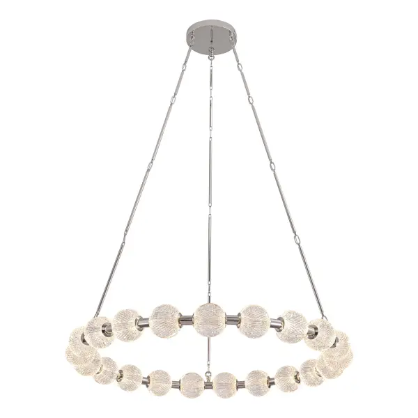 The Marni chandelier transforms any space with its meticulously cut spherical glass shades that create dazzling beams of light. This 41-inch statement piece combines transitional elegance with integrated LED technology.