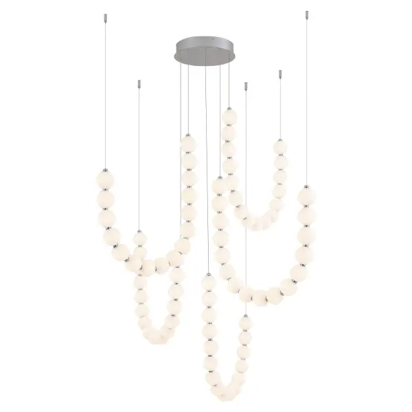 The Akoya chandelier brings coastal elegance indoors with its pearl-inspired frosted glass beads on a polished chrome frame. At 54 inches wide with 5 integrated LED heads, it creates a stunning focal point while offering configuration flexibility. - alternate view
