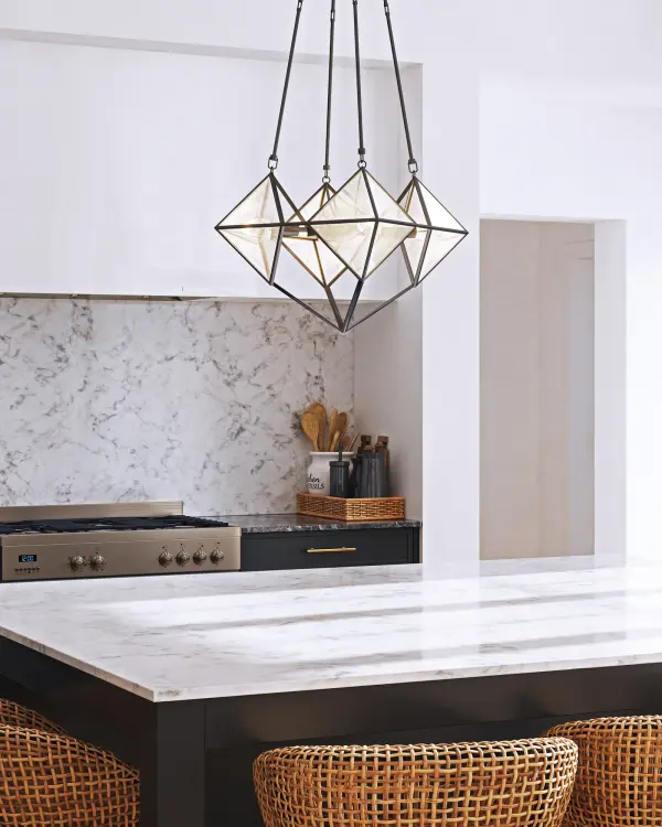 The Cairo chandelier brings architectural sophistication to any space with its Louvre pyramid-inspired design. Vintage brass frames beautifully complement ribbed glass shades, creating a stunning focal point that bridges classic and modern aesthetics. - alternate view
