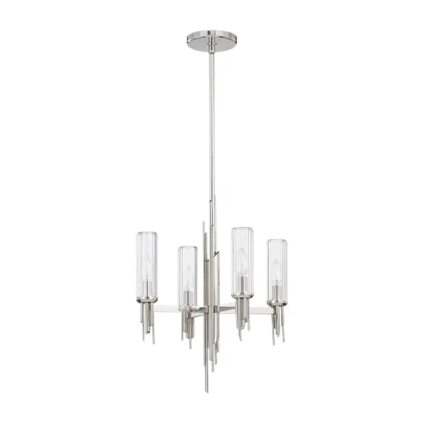 The Torres chandelier brings architectural drama to intimate spaces with its forged metalwork and ribbed crystal shades. This 18-inch fixture balances bold brutalist design with transitional versatility, perfect for adding statement lighting without overwhelming smaller rooms.