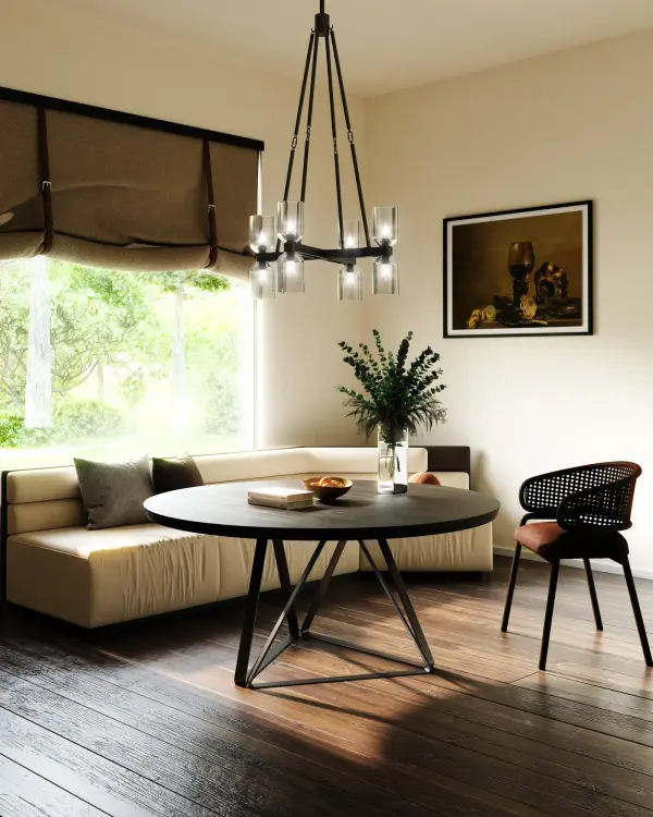 The Lucian chandelier beautifully bridges traditional and contemporary aesthetics with its antique-inspired silhouette and modern curved details. Natural alabaster shades provide warm, diffused lighting while the polished nickel finish adds refined sophistication. - alternate view