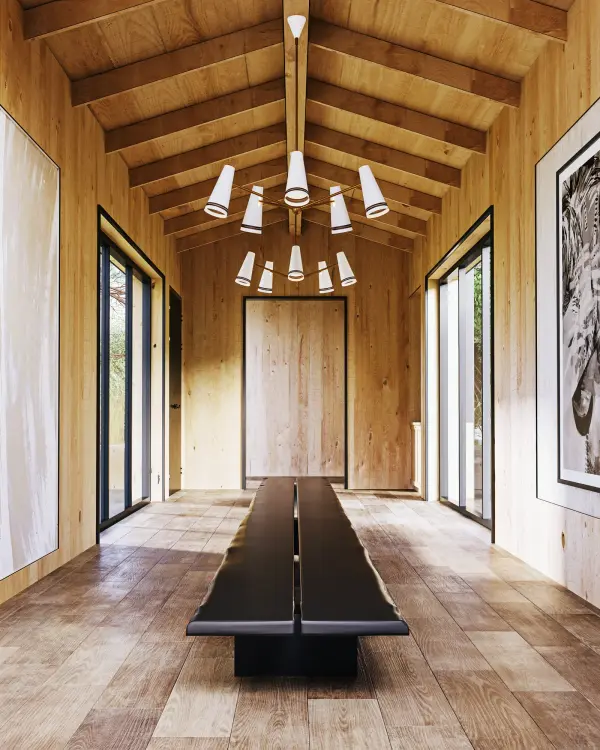 The Brickell 45-inch chandelier is a stunning fusion of Mid-Century modern design and artisanal luxury. Featuring a bold matte black frame accented with exquisite hazelnut leather details, this statement piece elevates any space with its unique texture and sophisticated silhouette. - alternate view