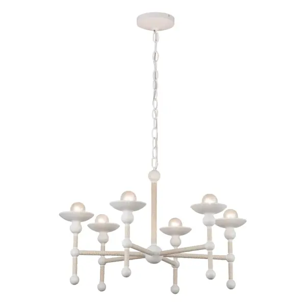 The Nadine chandelier brings seaside elegance indoors with its distinctive cotton rope detailing and matte white finish. This 25-inch fixture combines vintage chandelier styling with coastal textures, creating a versatile transitional piece.