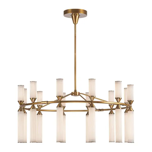 The Edwin chandelier masterfully blends Art Deco glamour with modern LED efficiency. Its 38-inch span and ribbed frosted glass create dramatic visual impact while the warm 3000K integrated LED provides energy-efficient illumination.