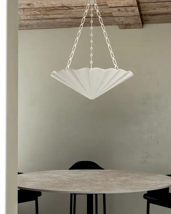 The Martine Chandelier brings artistic sophistication with its wave-like carved details and textured antique white finish. This 30-inch statement piece transforms any space into a gallery-worthy environment while providing functional illumination. - alternate view