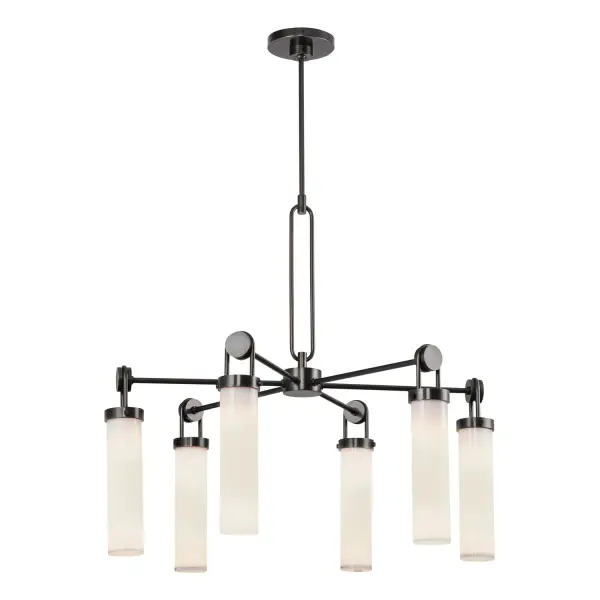 The Wynwood chandelier masterfully blends industrial hardware with soft opal glass, creating a vintage-inspired fixture that feels fresh and contemporary. Meticulous details like metal loops add character and uniqueness.