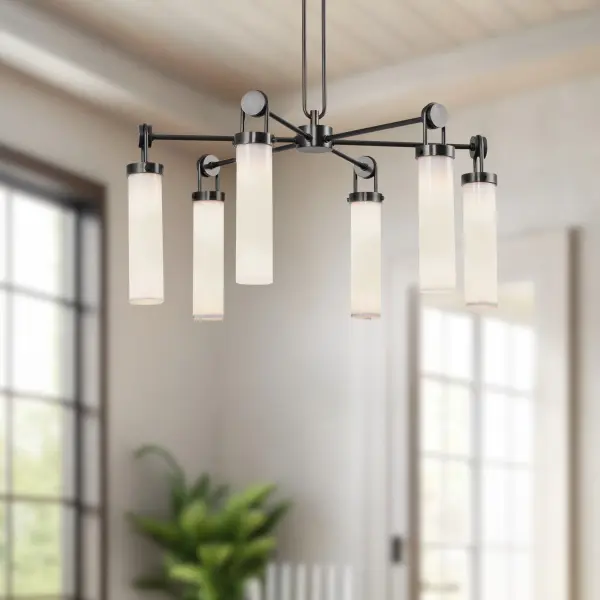 The Wynwood chandelier masterfully blends industrial hardware with soft opal glass, creating a vintage-inspired fixture that feels fresh and contemporary. Meticulous details like metal loops add character and uniqueness. - alternate view