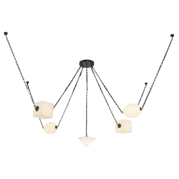 Jason Koharik's Mineral collection transforms natural alabaster and mineral glass into a stunning 5-head chandelier. The patina brass frame grounds ethereal geometric forms, while integrated selectable LED technology offers flexibility without sacrificing design integrity.