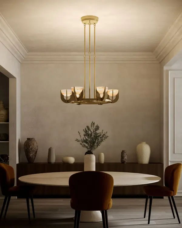 The Colette chandelier beautifully blends classic art deco curves with contemporary design. Natural alabaster stone creates a soft, romantic glow while the vintage brass finish adds warmth and timeless appeal to any space. - alternate view