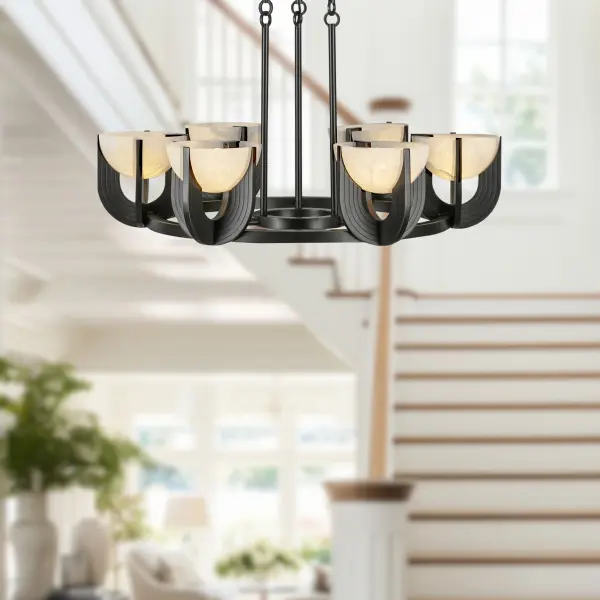 The Colette chandelier beautifully blends classic art deco curves with contemporary design. Natural alabaster stone creates a soft, romantic glow while the vintage brass frame adds warmth and timeless appeal. - alternate view