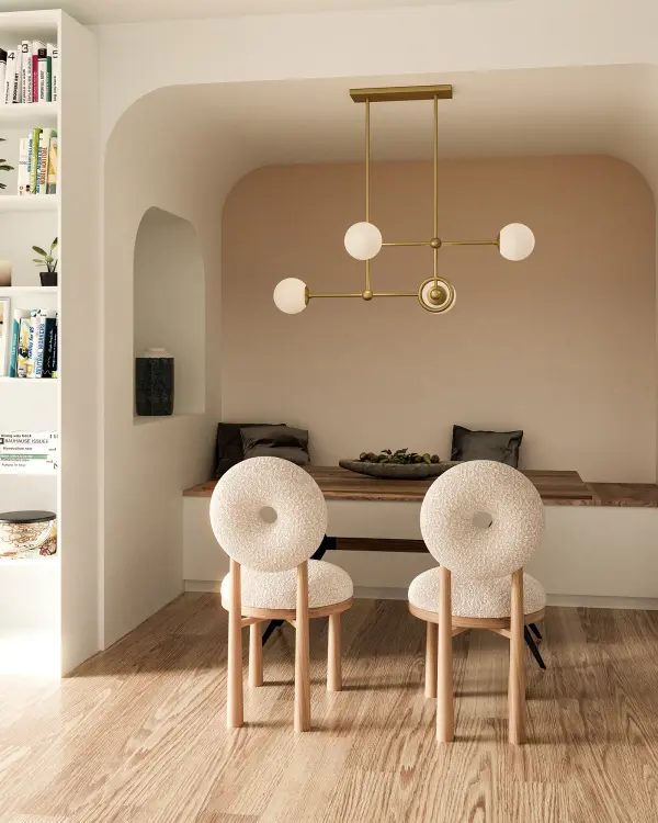 The Fiore chandelier brings vintage whimsy to contemporary spaces with its distinctive metal rings and glossy opal glass. At 42 inches, it makes a bold statement while creating captivating light patterns reminiscent of mid-century design. - alternate view