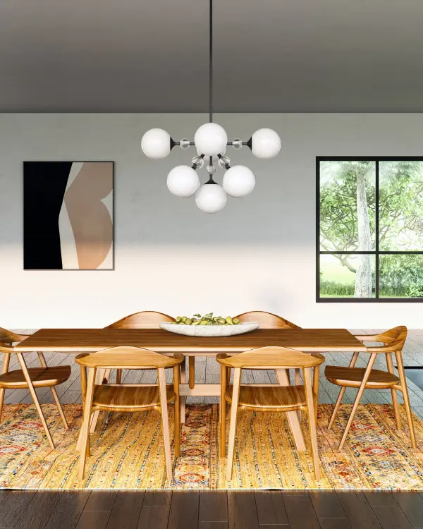 The Celia chandelier combines crafty artisan details with modern sophistication. Stunning ribbed glass beads create visual texture while opal matte glass globes provide soft, diffused illumination. Perfect for those seeking a statement piece. - alternate view