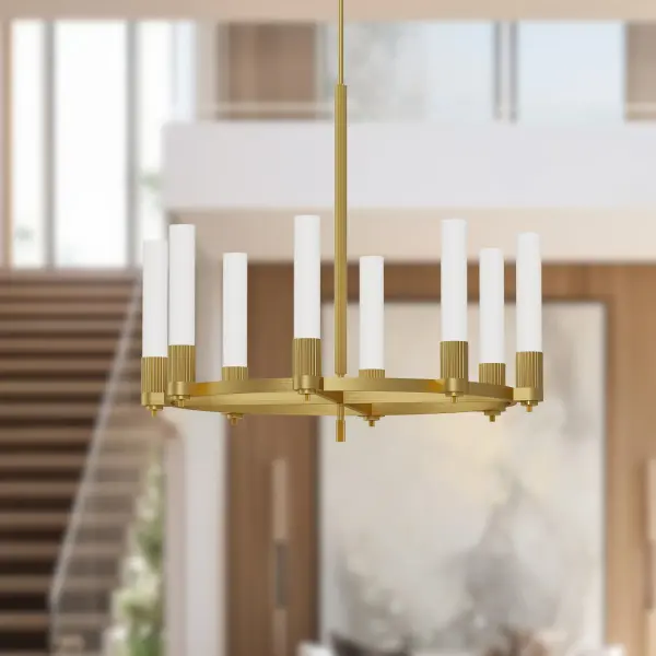 The Rue chandelier blends sophisticated Parisian details with bold Art Deco-inspired design. Featuring ribbed metal textures, glossy opal glass, and skyscraper-inspired elements in brushed gold, this 38-inch fixture creates a stunning focal point. - alternate view