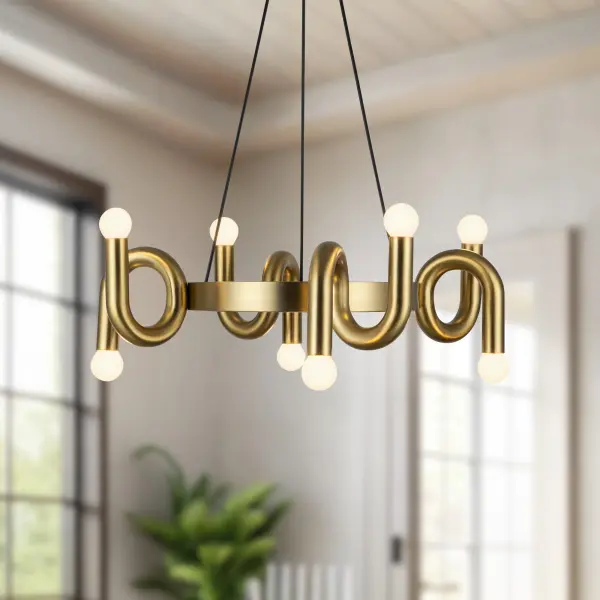 The Sadie chandelier brings quirky charm through swirling organic shapes in brushed gold. Its 23-inch scale and customizable bulb options make it versatile for multiple spaces while adding upbeat energy to contemporary interiors. - alternate view