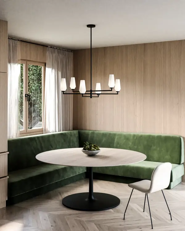 The Krysta chandelier combines clean geometric lines with faceted opal glass that creates stunning light refraction patterns. At 35 inches, this statement piece brings modern sophistication to dining rooms and living spaces. - alternate view