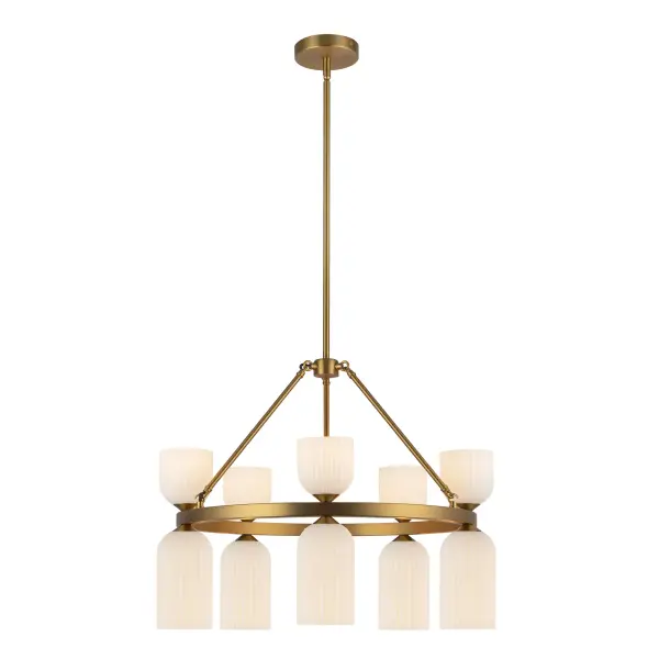 The Nelly chandelier combines timeless ribbed glass shades with contemporary asymmetrical forms, creating a versatile fixture that bridges traditional and modern aesthetics. The brushed gold finish and opal glass provide warm, diffused lighting. - alternate view