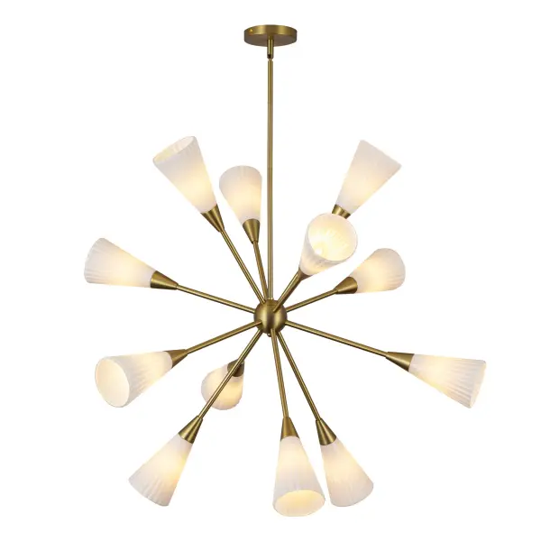 The Cosmo chandelier reimagines the iconic mid-century sputnik design with contemporary flair. Featuring opal ribbed glass shades and matte black finish, this 39-inch fixture delivers dramatic visual impact while providing warm, diffused illumination.