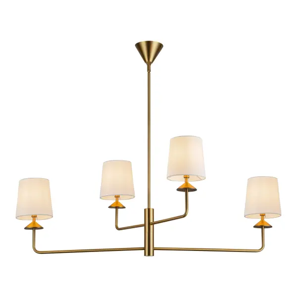 The Bridgette chandelier makes a dramatic statement with its unique triangular shade design and 45-inch linear profile. The matte black finish paired with white linen shades creates sophisticated contrast perfect for contemporary and transitional spaces.