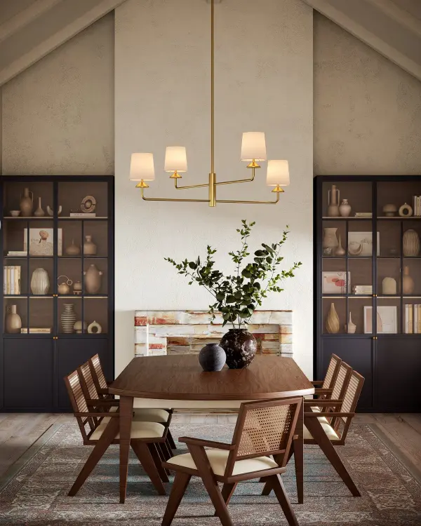 The Bridgette chandelier makes a dramatic statement with its unique triangular shade design and 45-inch linear profile. The matte black finish paired with white linen shades creates sophisticated contrast perfect for contemporary and transitional spaces. - alternate view