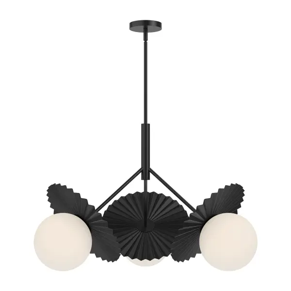 The Plume Chandelier brings fashion-forward sophistication to any space with its pleated decorative disk and oversized opal glass globe. This 34-inch statement piece combines brushed gold warmth with contemporary styling.