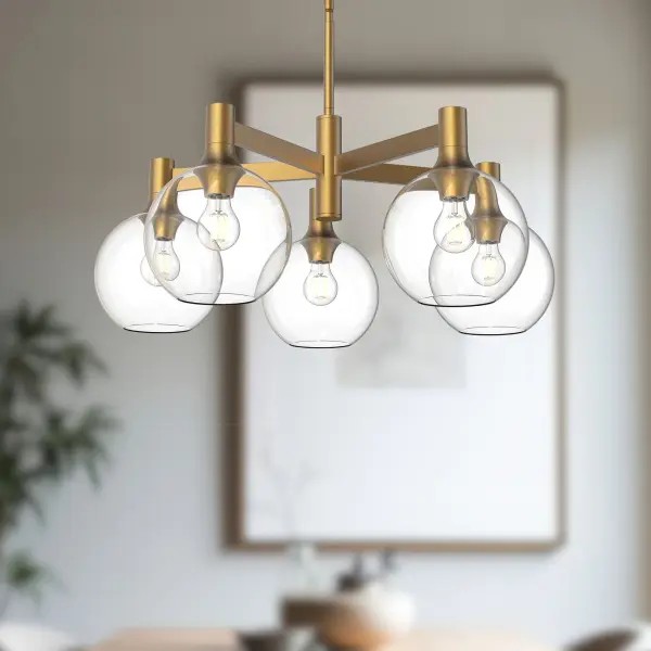 The Castilla chandelier combines timeless design with versatile styling. Its matte black finish and clear glass shades create a sophisticated look that transitions seamlessly from fresh farmhouse to eclectic interiors. - alternate view