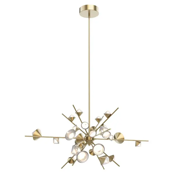 The Geode 48-inch chandelier transforms any space into a jewelry box with its cluster of gemstone-shaped illuminations arranged around an architectural rod. Integrated LED technology provides warm, ambient lighting while the brushed gold finish adds sophisticated luxury to modern interiors.