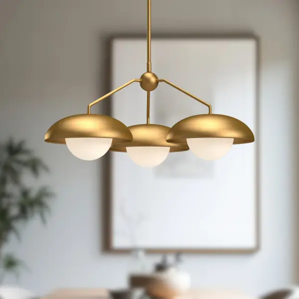 The Rubio chandelier blends mid-century charm with contemporary flair through its distinctive half-shade design and opal glass globes. At 28 inches, it's perfectly sized for medium spaces, offering artistic minimalism with maximum visual impact. - alternate view