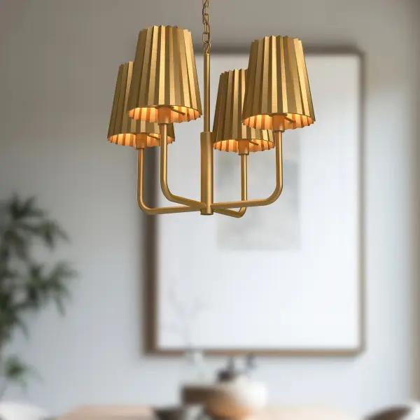 The Plisse chandelier brings runway-inspired sophistication to your home with its unique pleated metal design in luxurious Aged Gold. This 23-inch fixture combines vintage class with contemporary appeal, perfect for creating chic ambiance in dining rooms, foyers, and living spaces. - alternate view