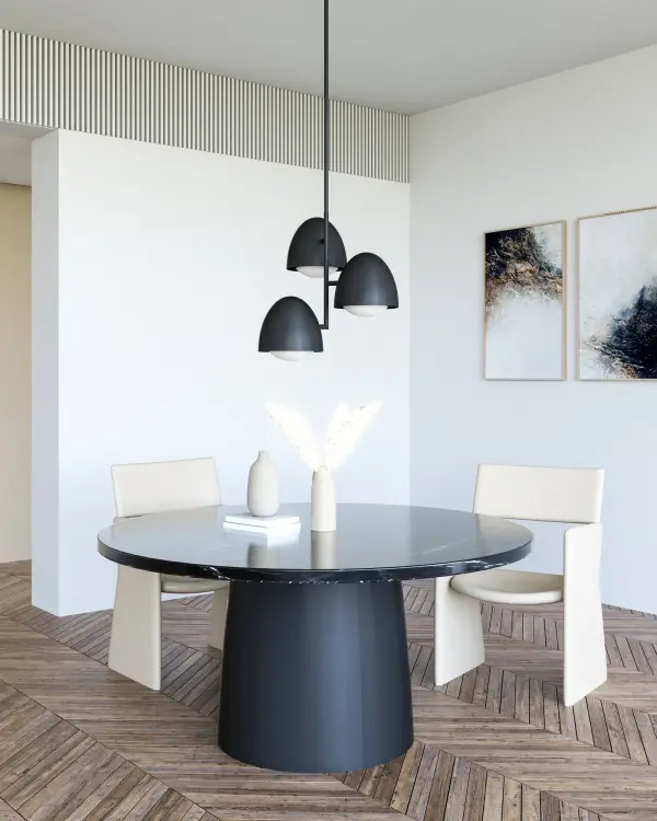 The Kenji chandelier beautifully merges Scandinavian minimalism with Japanese-inspired design. Its architectural dome and opal glass accents create a sophisticated focal point that works in both residential and commercial spaces. - alternate view
